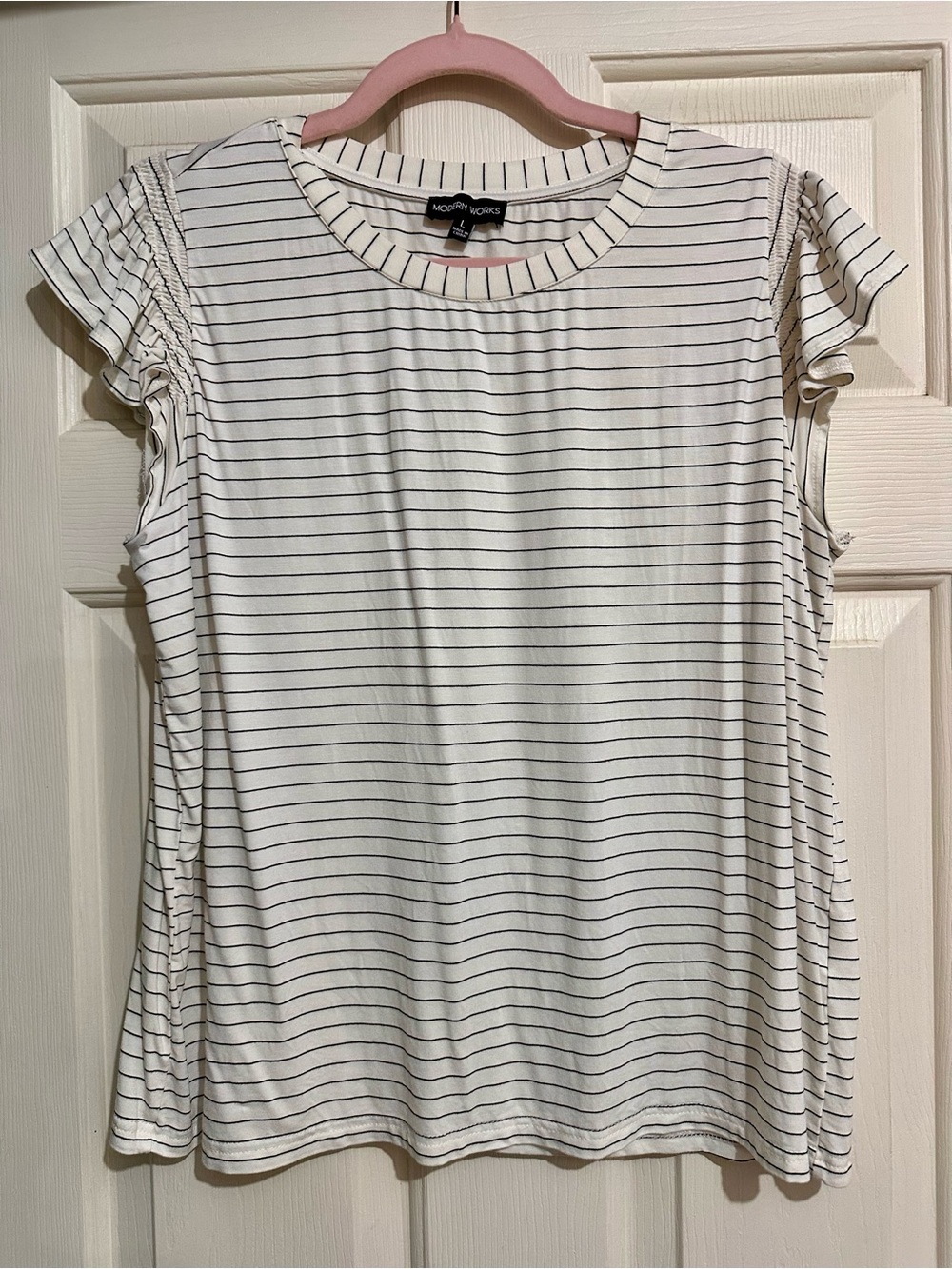 Worthington Cream Striped Flutter Sleeve Tee